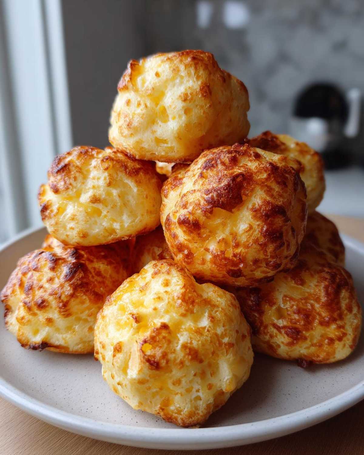 A stack of freshly baked, golden brown brazilian cheese bread puffs piled high on a light gray plate.