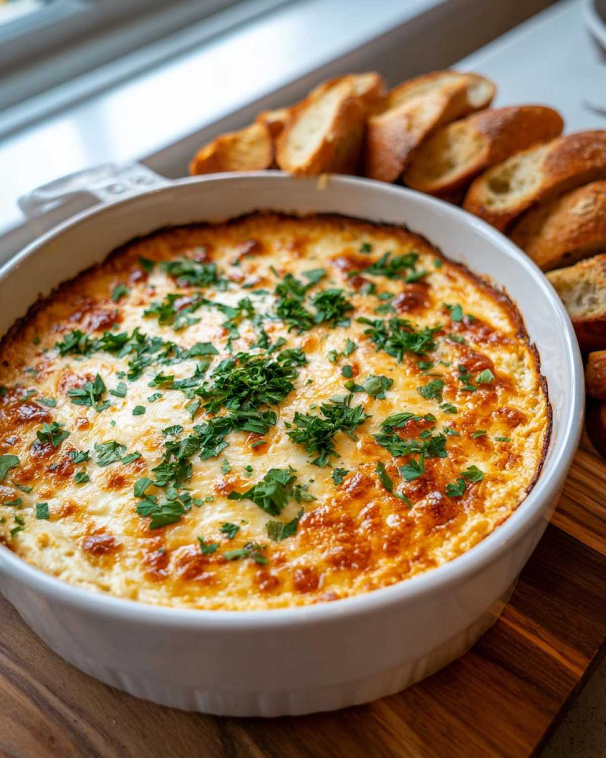 Close-up of a hot, cheesy baked bread dip topped with parsley, served with toasted baguette slices.