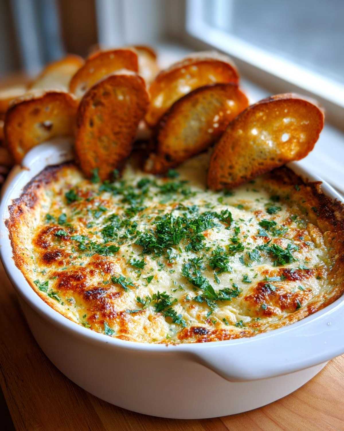 Close-up of a hot, cheesy baked bread dip topped with parsley, served with toasted bread slices.
