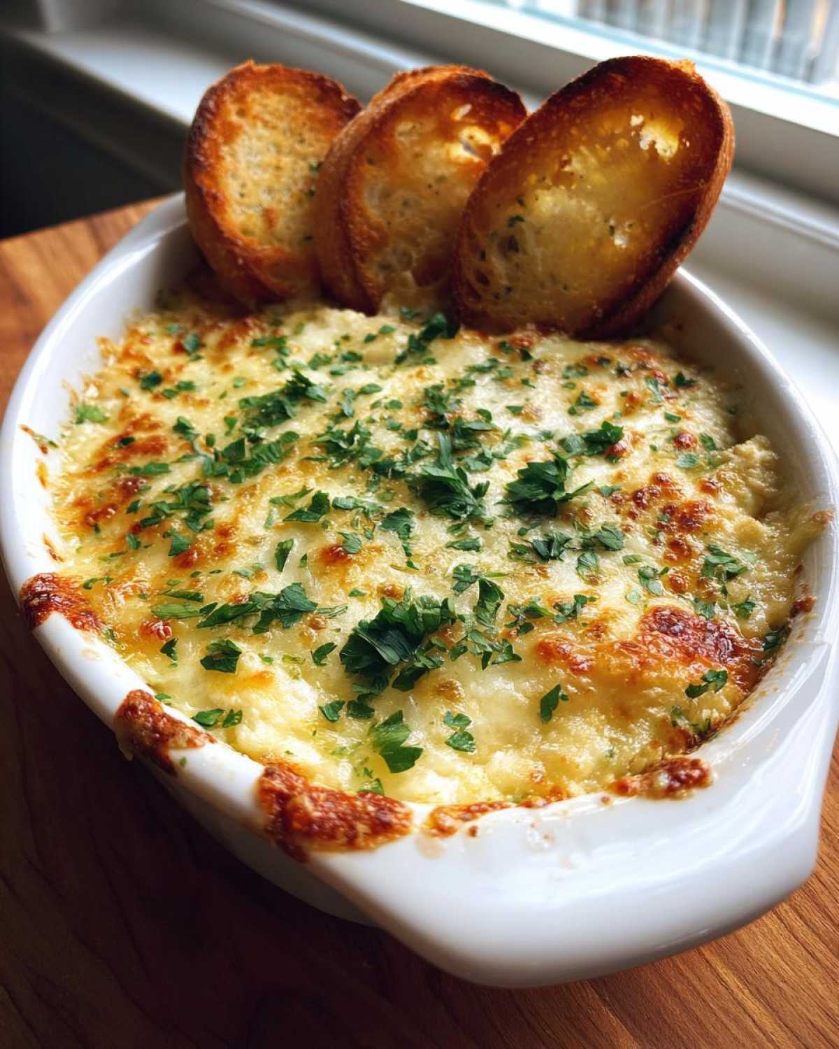 Close-up of a hot, cheesy bread dip topped with parsley, served with toasted bread slices for dipping.
