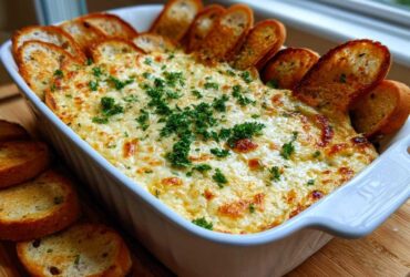 A baked, cheesy bread dip topped with parsley, served hot in a white dish surrounded by toasted bread slices.