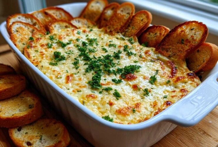 A baked, cheesy bread dip topped with parsley, served hot in a white dish surrounded by toasted bread slices.