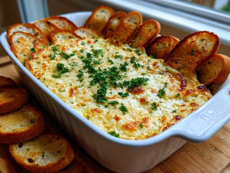 A baked, cheesy bread dip topped with parsley, served hot in a white dish surrounded by toasted bread slices.