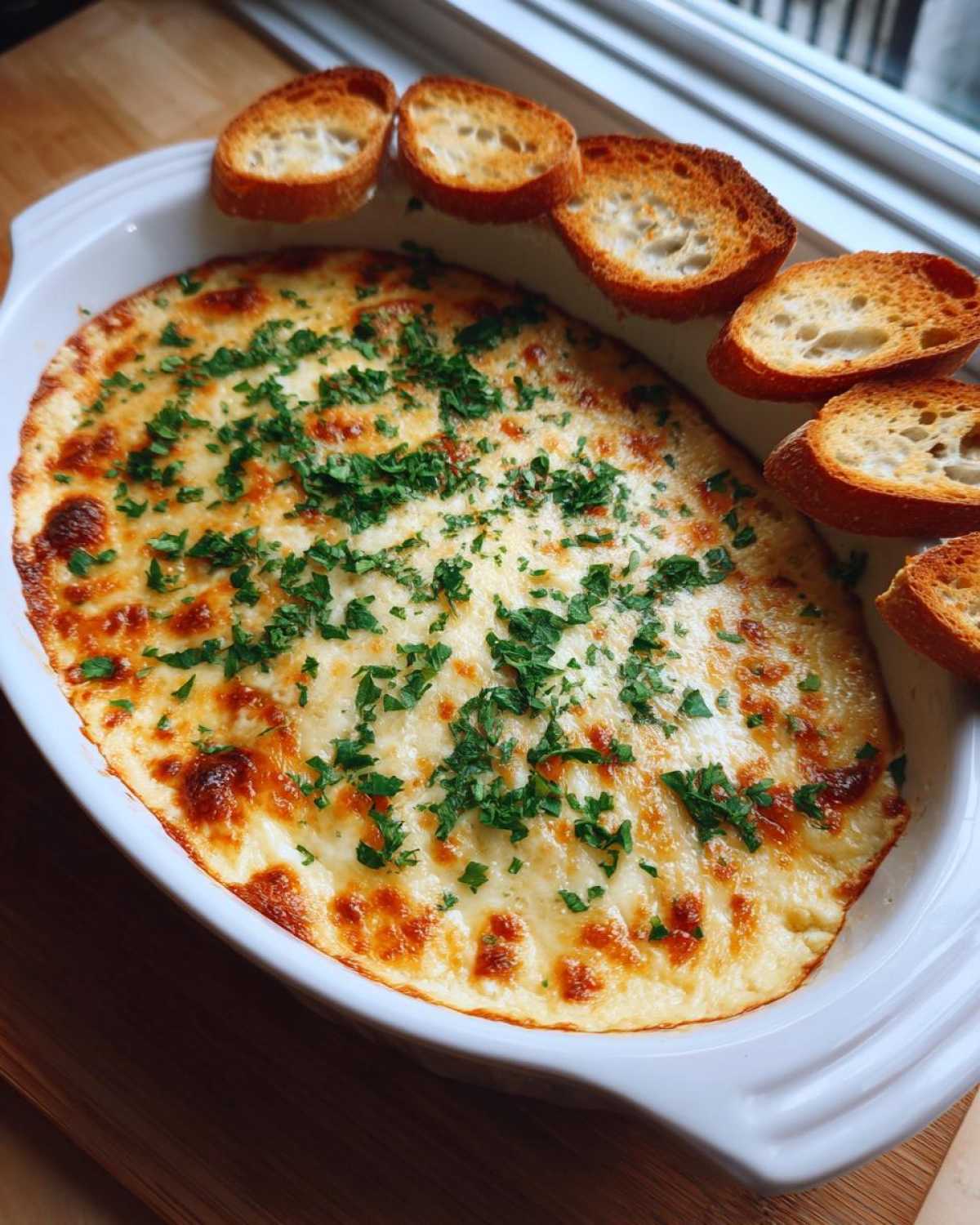 A bubbly, baked cheese bread dip topped with parsley, served in a white dish with toasted crostini for dipping.