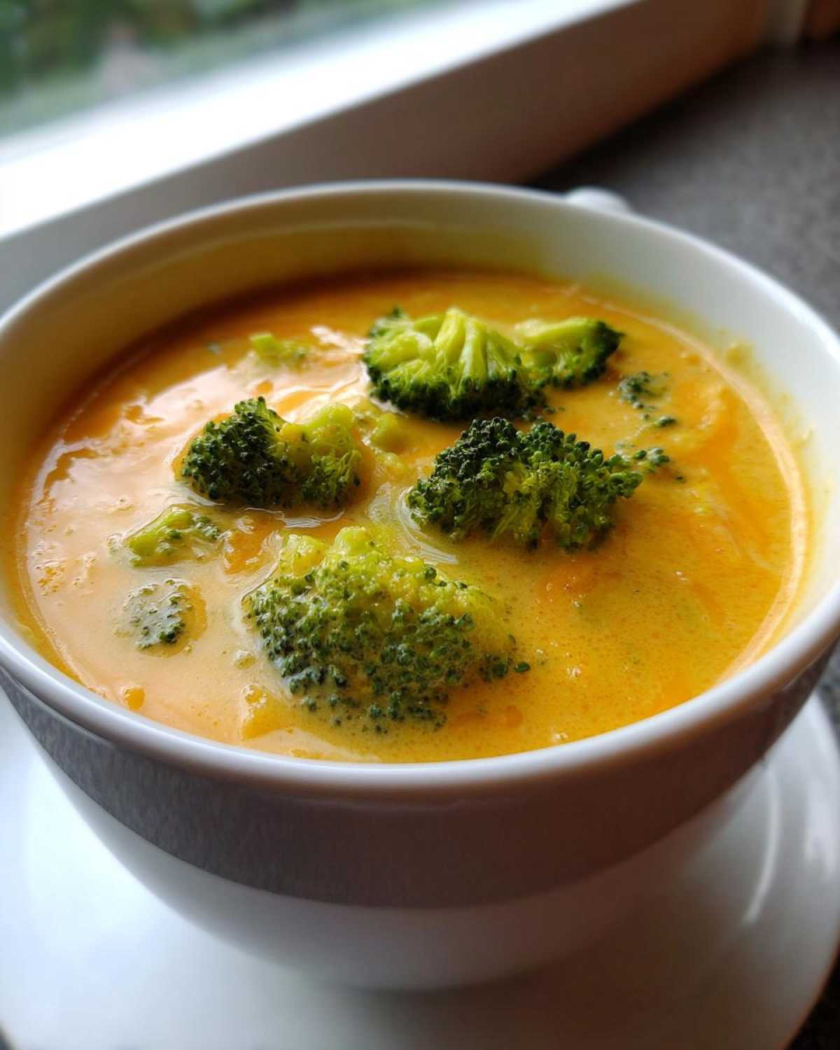 Close-up of a white bowl filled with creamy orange broccoli cheddar soup topped with bright green broccoli florets.