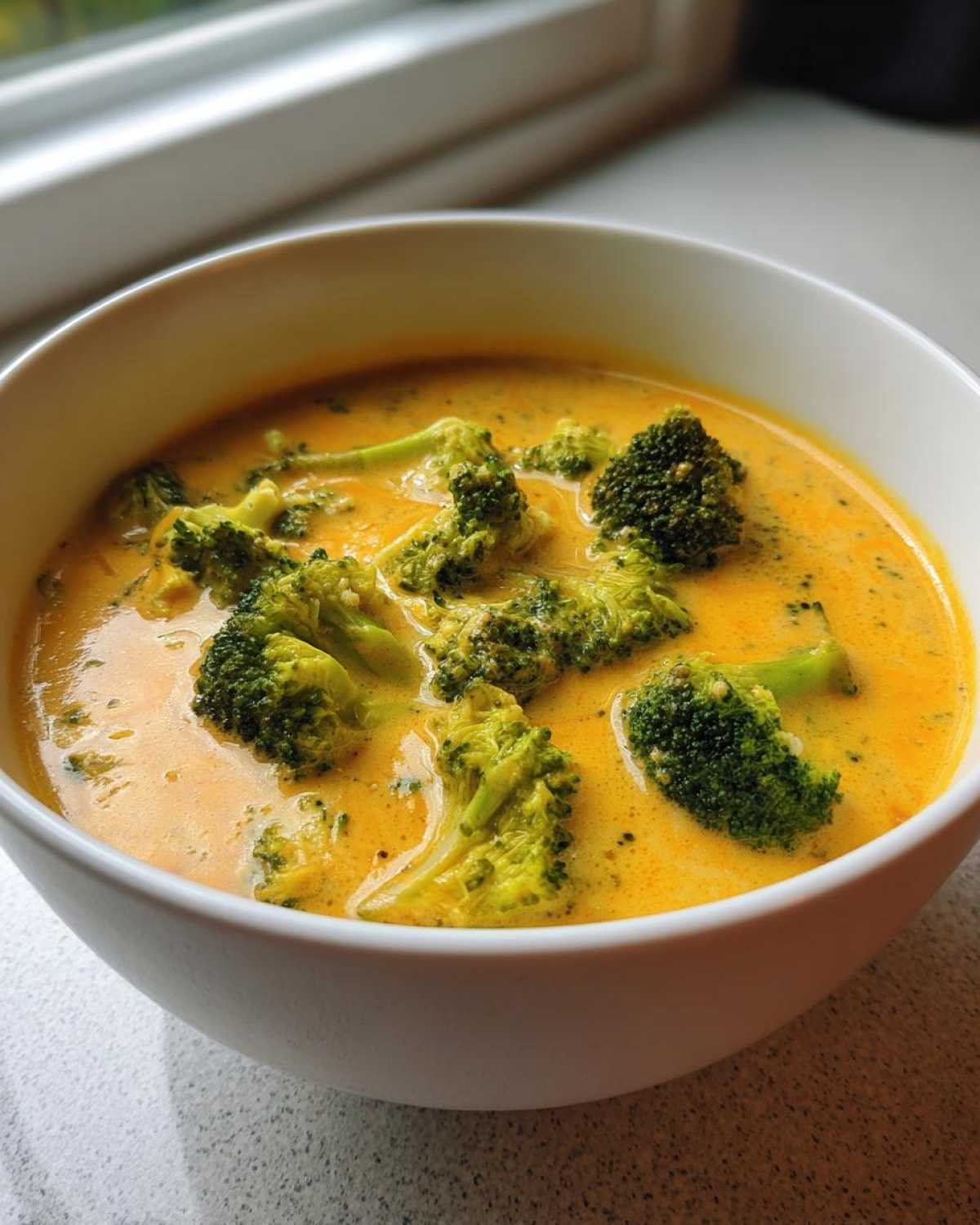 Close-up of a white bowl filled with creamy, orange-yellow broccoli cheddar soup featuring bright green broccoli florets.