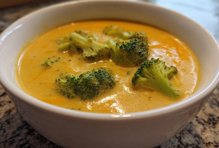 Close-up of a white bowl filled with creamy, orange broccoli cheddar soup topped with bright green florets.