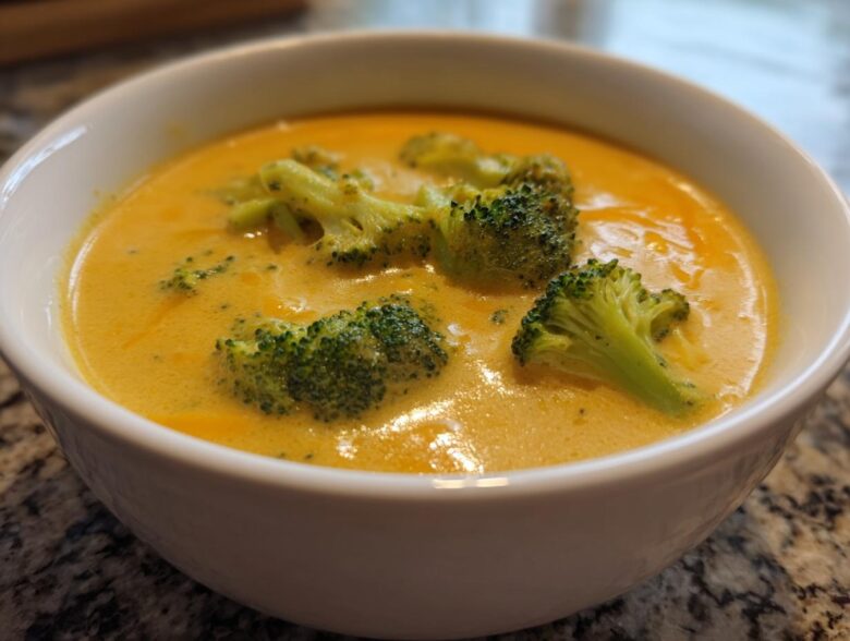 Close-up of a white bowl filled with creamy, orange broccoli cheddar soup topped with bright green florets.