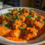 Close-up of rich, orange butter chicken pieces generously garnished with fresh cilantro in a white bowl.