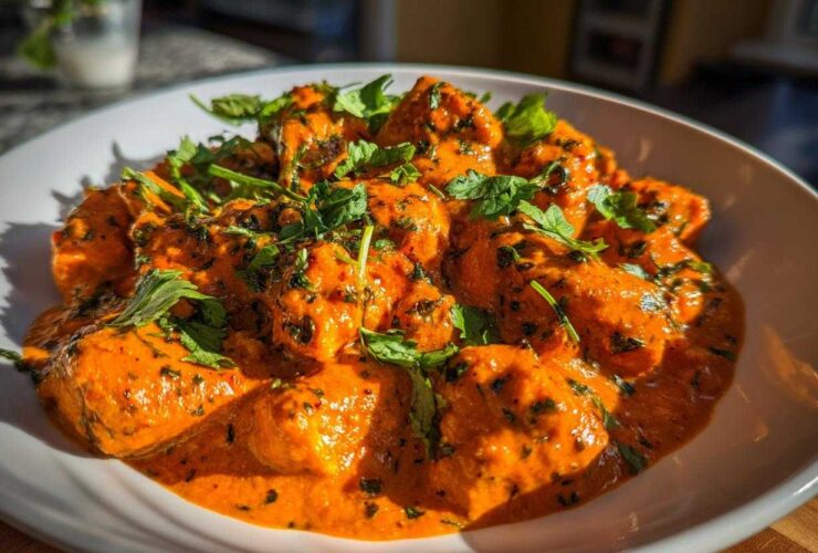 Close-up of rich, orange butter chicken pieces generously garnished with fresh cilantro in a white bowl.