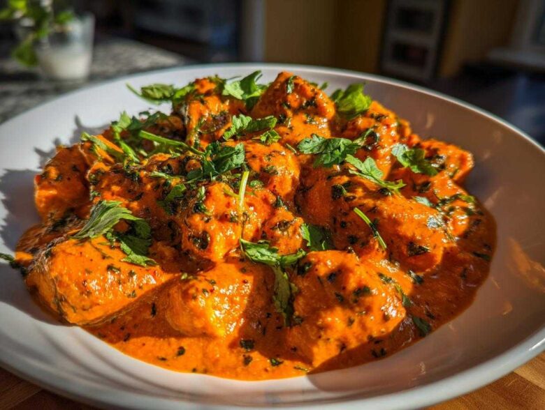 Close-up of rich, orange butter chicken pieces generously garnished with fresh cilantro in a white bowl.