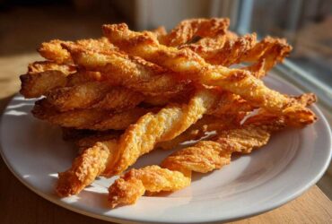 A pile of golden brown, flaky, twisted cheese straws resting on a white plate, catching bright sunlight.