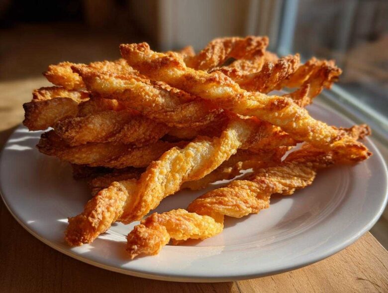 A pile of golden brown, flaky, twisted cheese straws resting on a white plate, catching bright sunlight.
