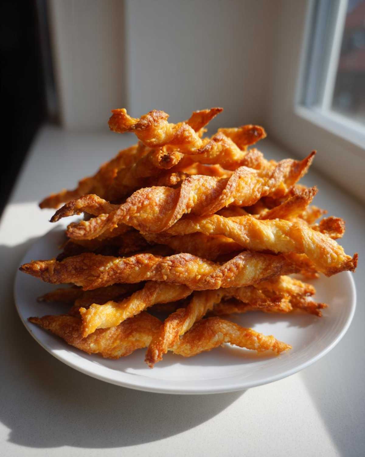 A tall pile of freshly baked, golden brown, twisted cheese straws stacked on a white plate near a window.
