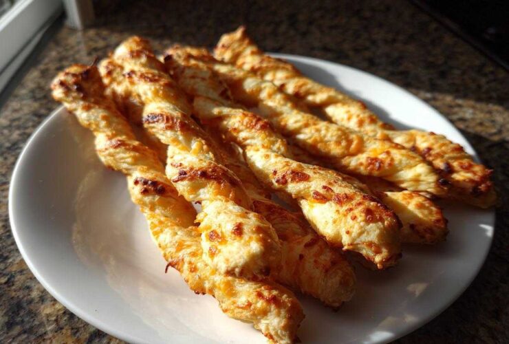 A plate of freshly baked, golden brown, twisted cheese straws recipe sticks glistening in sunlight.