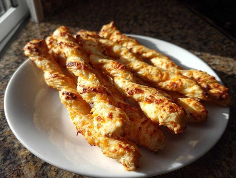 A plate of freshly baked, golden brown, twisted cheese straws recipe sticks glistening in sunlight.