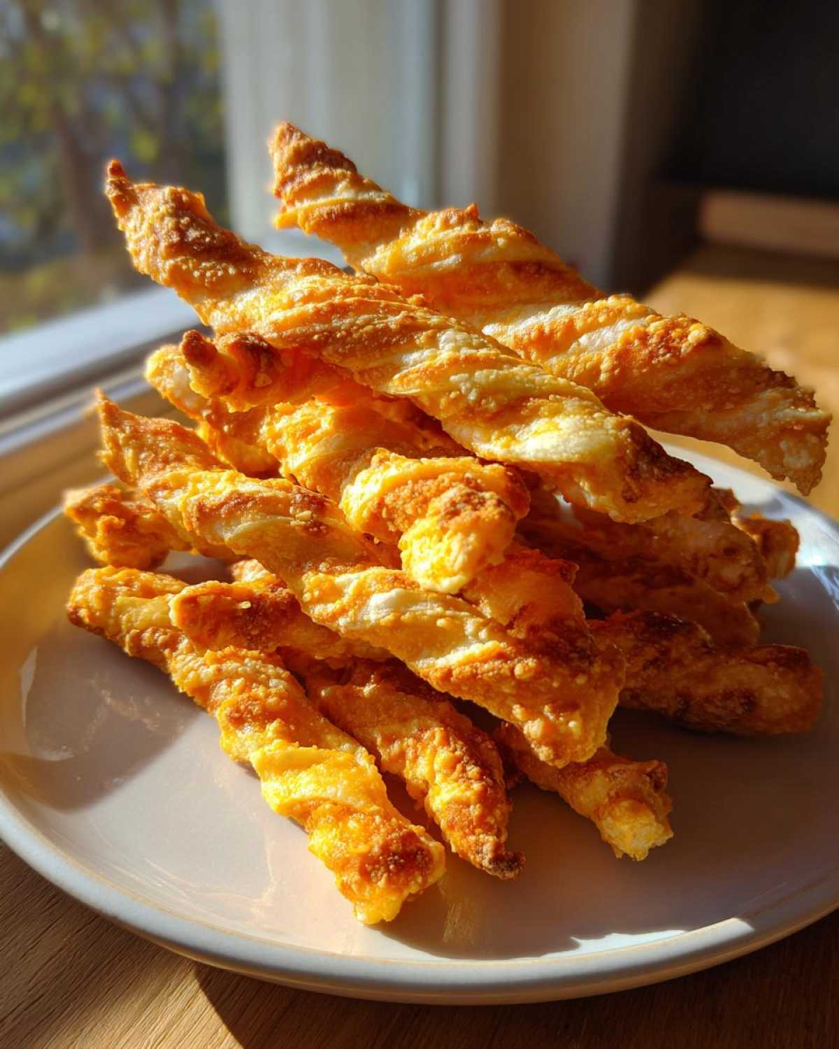 A stack of golden brown, flaky, twisted cheese straws piled high on a light-colored plate.