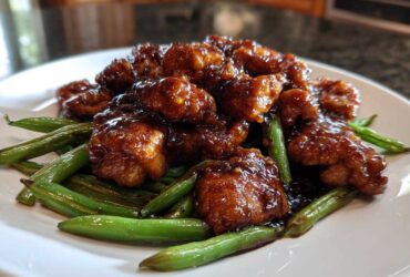 Close-up of saucy glazed chicken pieces served over bright green beans, featuring the main chicken and green beans ingredients.