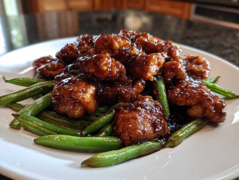Close-up of saucy glazed chicken pieces served over bright green beans, featuring the main chicken and green beans ingredients.