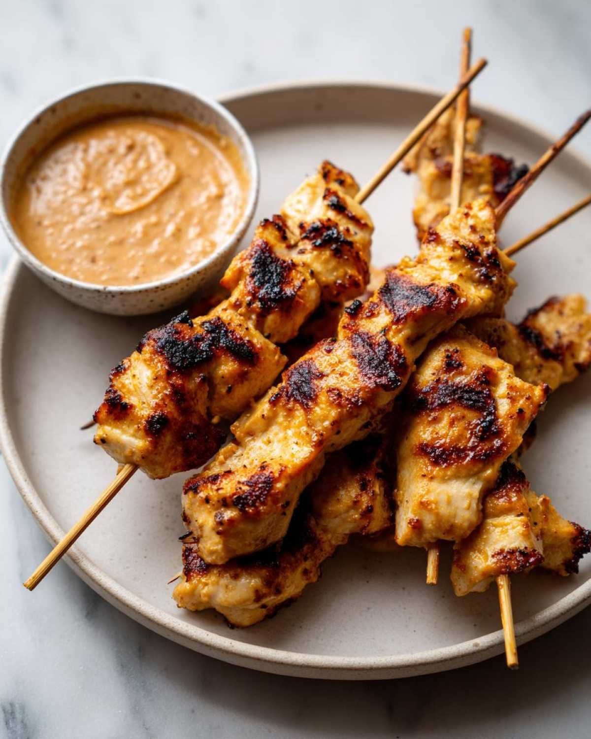 Close-up of perfectly grilled chicken satay skewers served on a plate next to a small bowl of creamy peanut sauce.