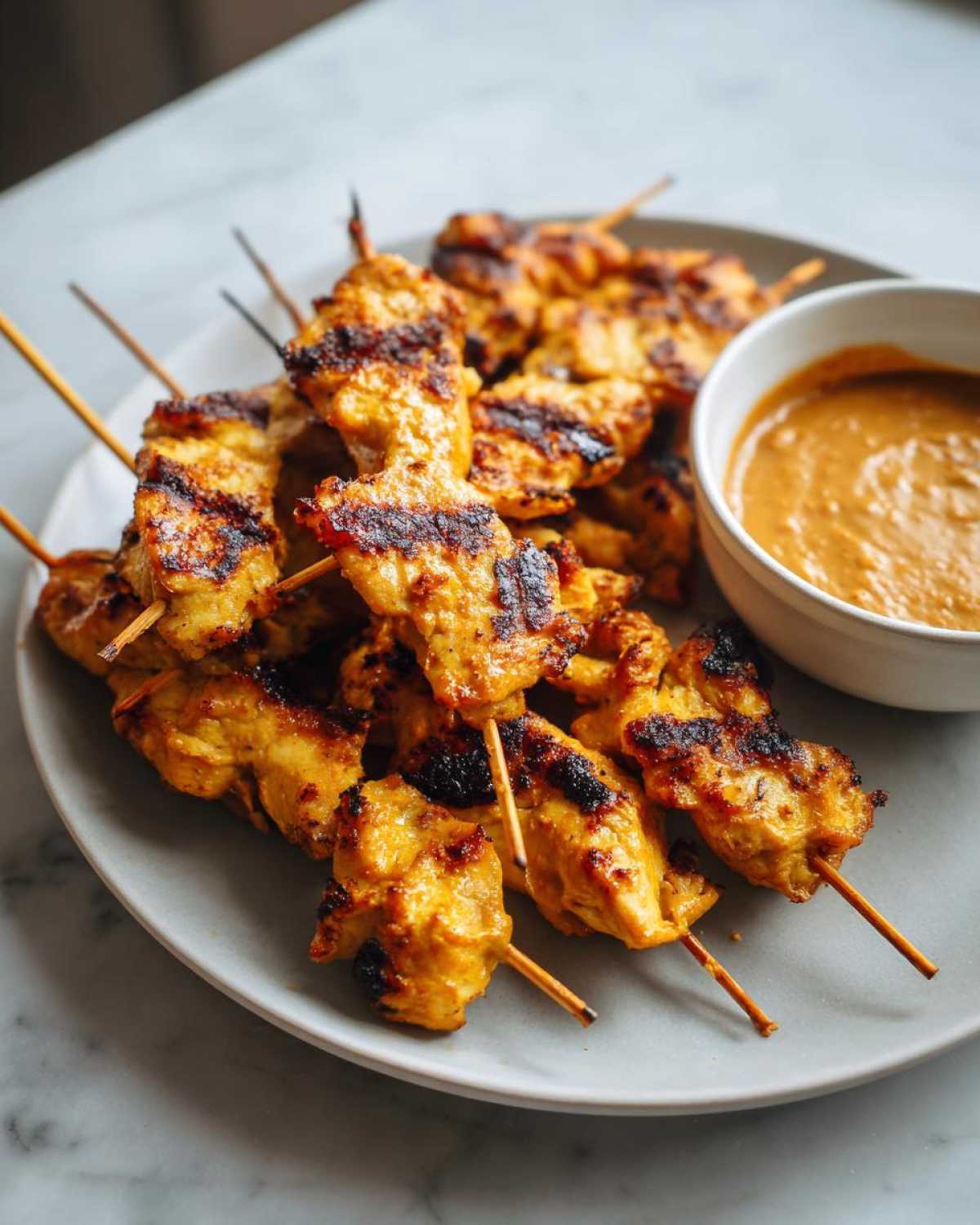 A plate of perfectly grilled chicken satay skewers served next to a small bowl of creamy peanut sauce.