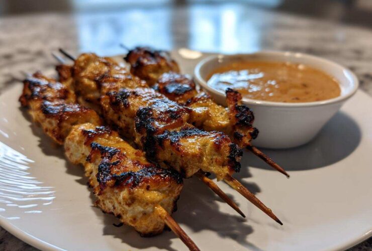 Close-up of grilled chicken satay skewers served on a white plate next to a small bowl of creamy peanut sauce.