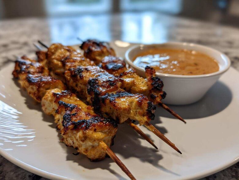 Close-up of grilled chicken satay skewers served on a white plate next to a small bowl of creamy peanut sauce.