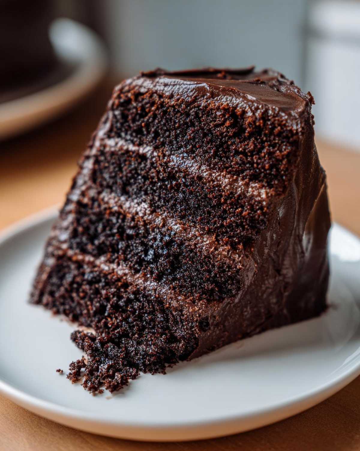 A decadent slice of moist, three-layer chocolate cake recipe covered in thick, glossy frosting.