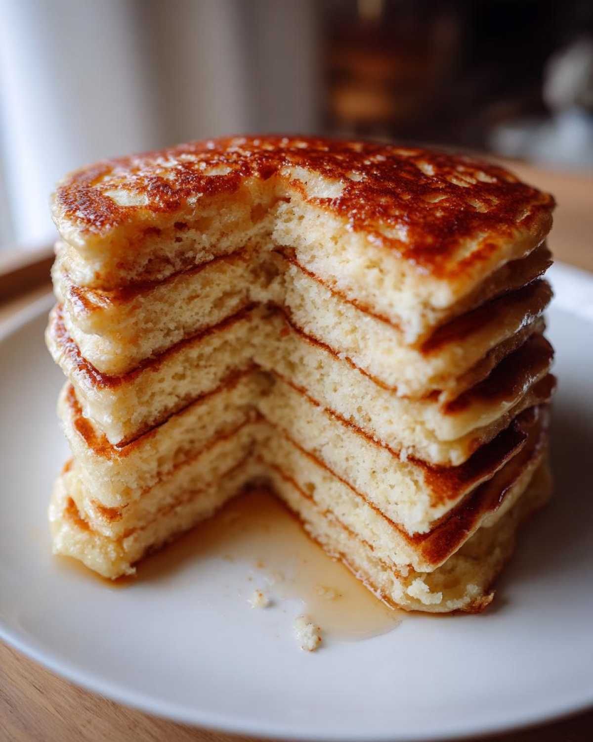 Close-up of a tall stack of fluffy pancakes with a piece cut out, showing the airy interior and syrup pooling below.