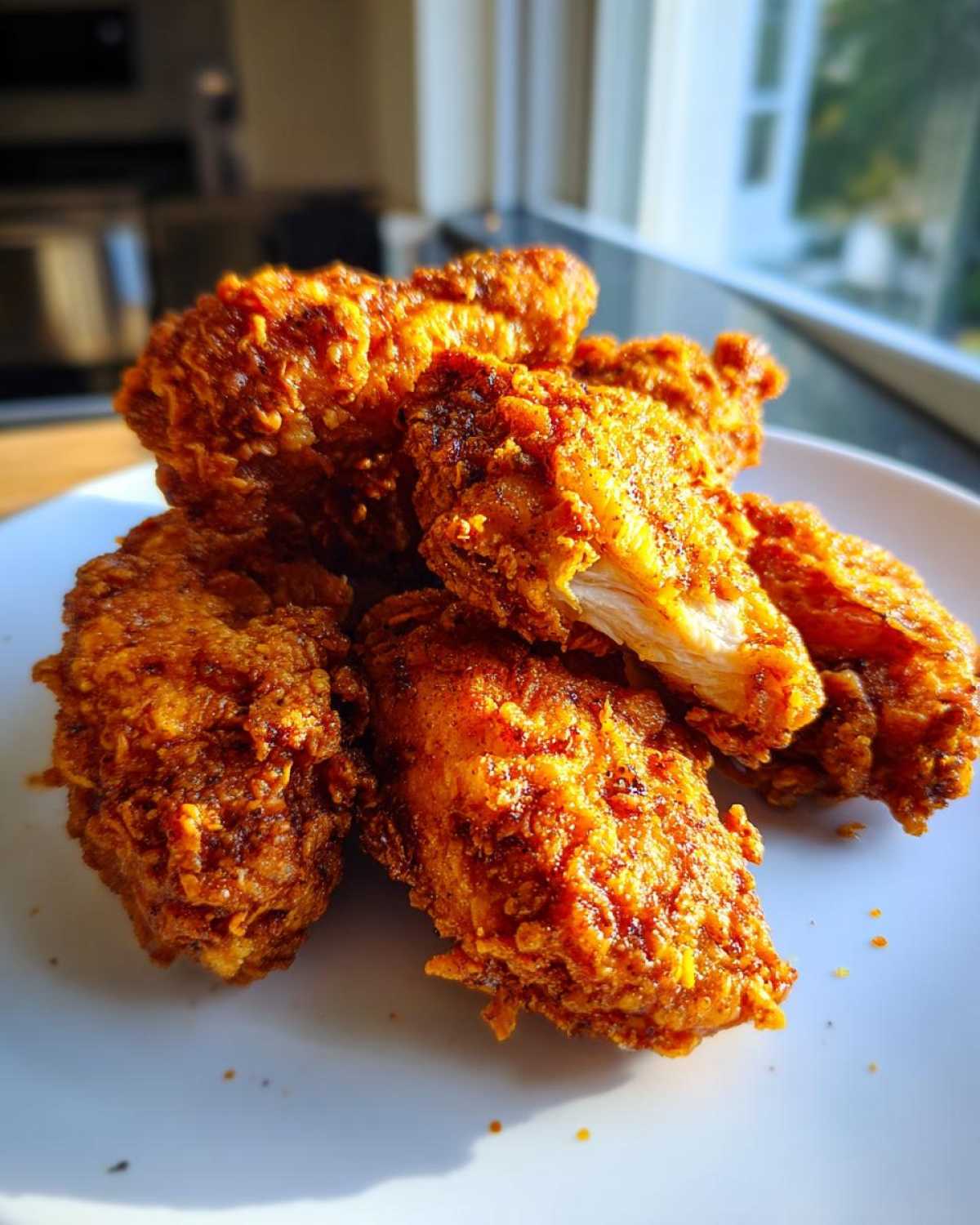Close-up of a stack of golden brown, crispy fried chicken wings with visible seasoning.