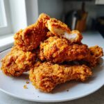 A close-up of a pile of perfectly golden, crispy fried chicken wings on a white plate, one piece is broken open showing the white meat.
