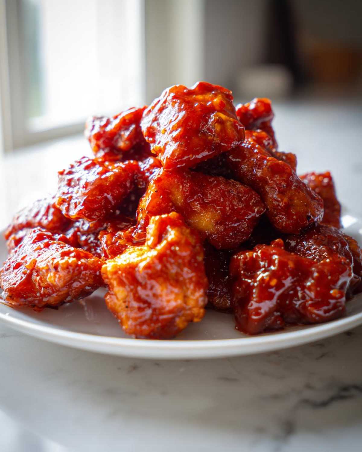 Close-up of crispy chicken pieces heavily coated in a thick, glossy red gochujang sauce.