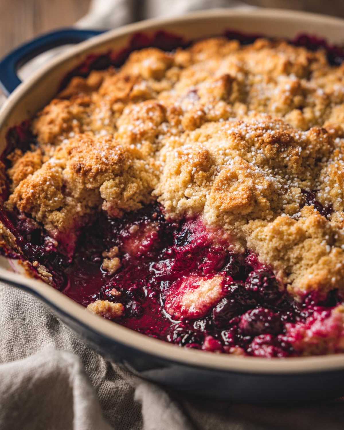 A close-up view of a bubbling mixed berry cobbler with a golden, crumbly topping dusted with powdered sugar.