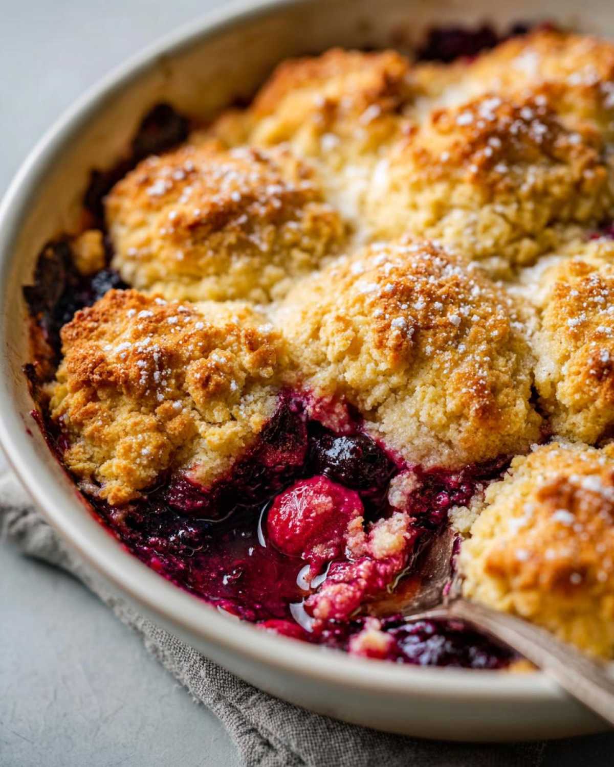 Close-up of a warm mixed berry cobbler with golden biscuit topping and bubbling fruit filling, dusted with powdered sugar.