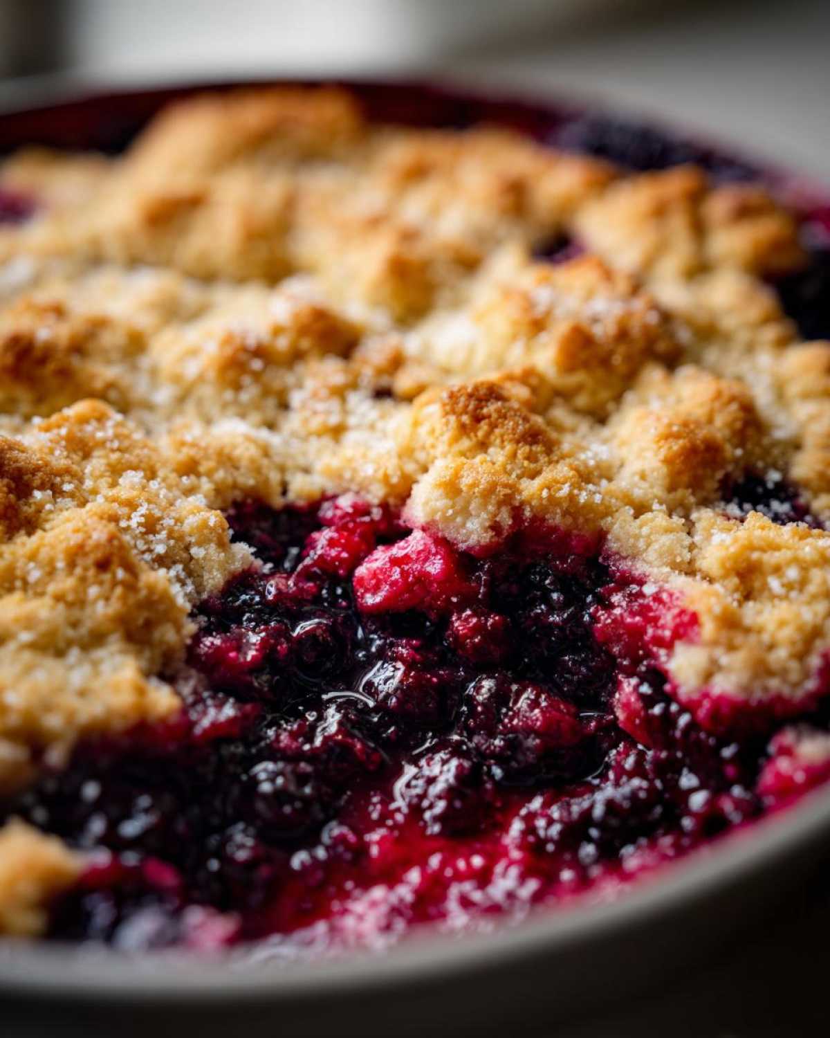Close-up of bubbling, deep purple mixed berry cobbler filling beneath a golden, crumbly topping sprinkled with sugar.