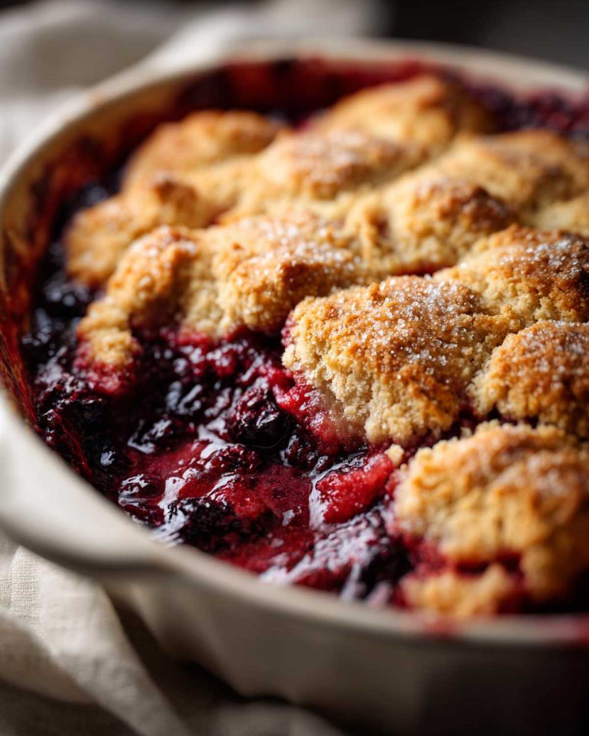Close-up of bubbling, deep red mixed berry cobbler with a golden, sugared biscuit topping in a baking dish.