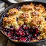 A close-up of a bubbling mixed berry cobbler baked in a cast iron skillet, topped with golden biscuit mounds.