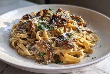A close-up of creamy mushroom pasta made with fettuccine, topped with sautéed mushrooms and grated Parmesan cheese.