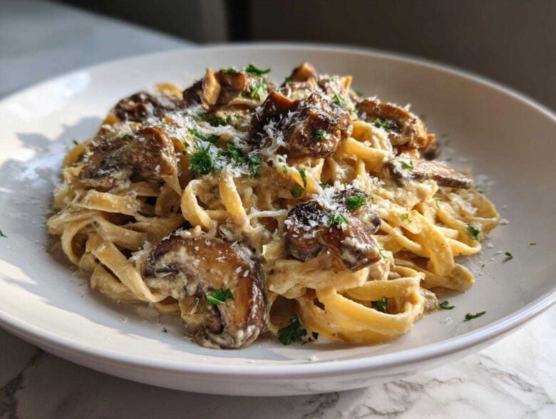 A close-up of creamy mushroom pasta made with fettuccine, topped with sautéed mushrooms and grated Parmesan cheese.