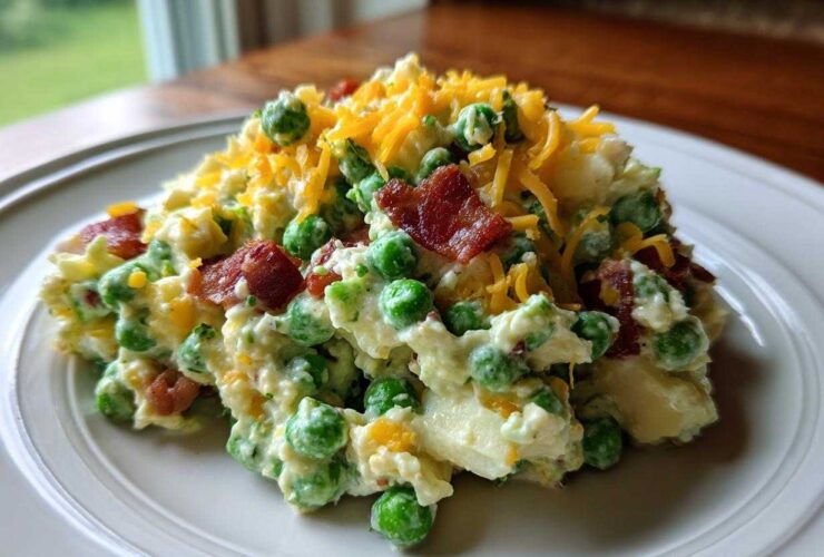 A serving of creamy pea salad mixed with chunks of potato, topped with crispy bacon bits and shredded cheddar cheese.