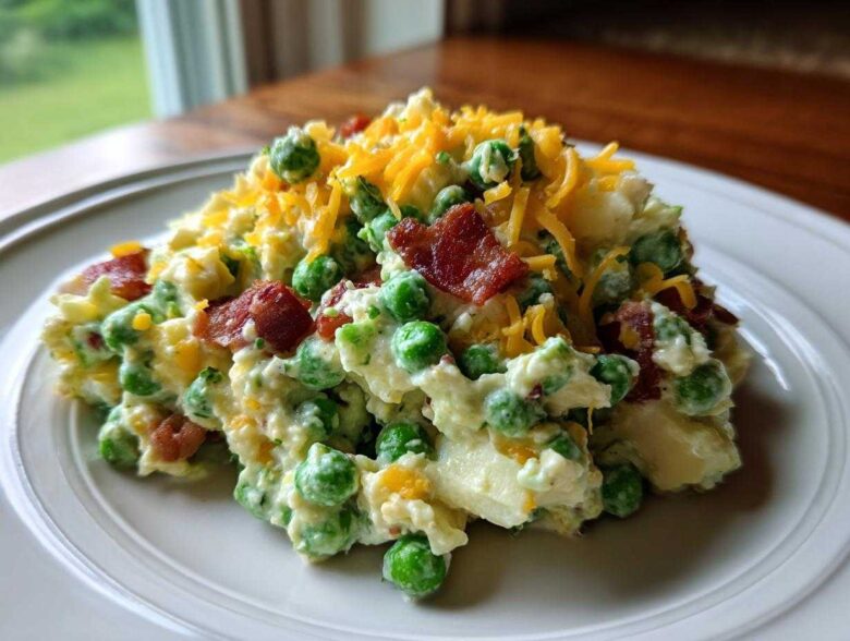 A serving of creamy pea salad mixed with chunks of potato, topped with crispy bacon bits and shredded cheddar cheese.