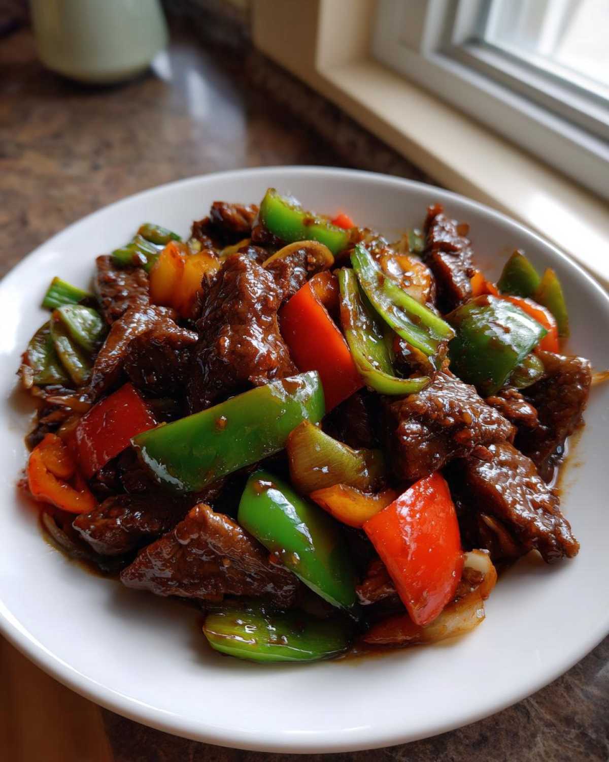 A close-up of saucy beef strips and colorful bell peppers in this amazing pepper steak dish.