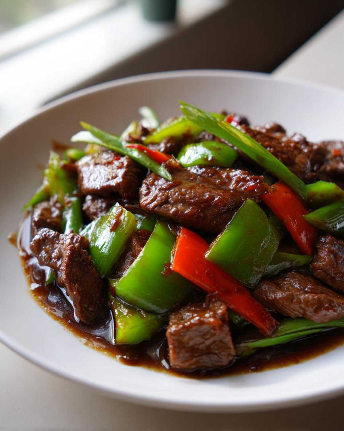 Close-up of tender beef pieces coated in dark sauce with bright green and red peppers in a bowl of pepper steak.