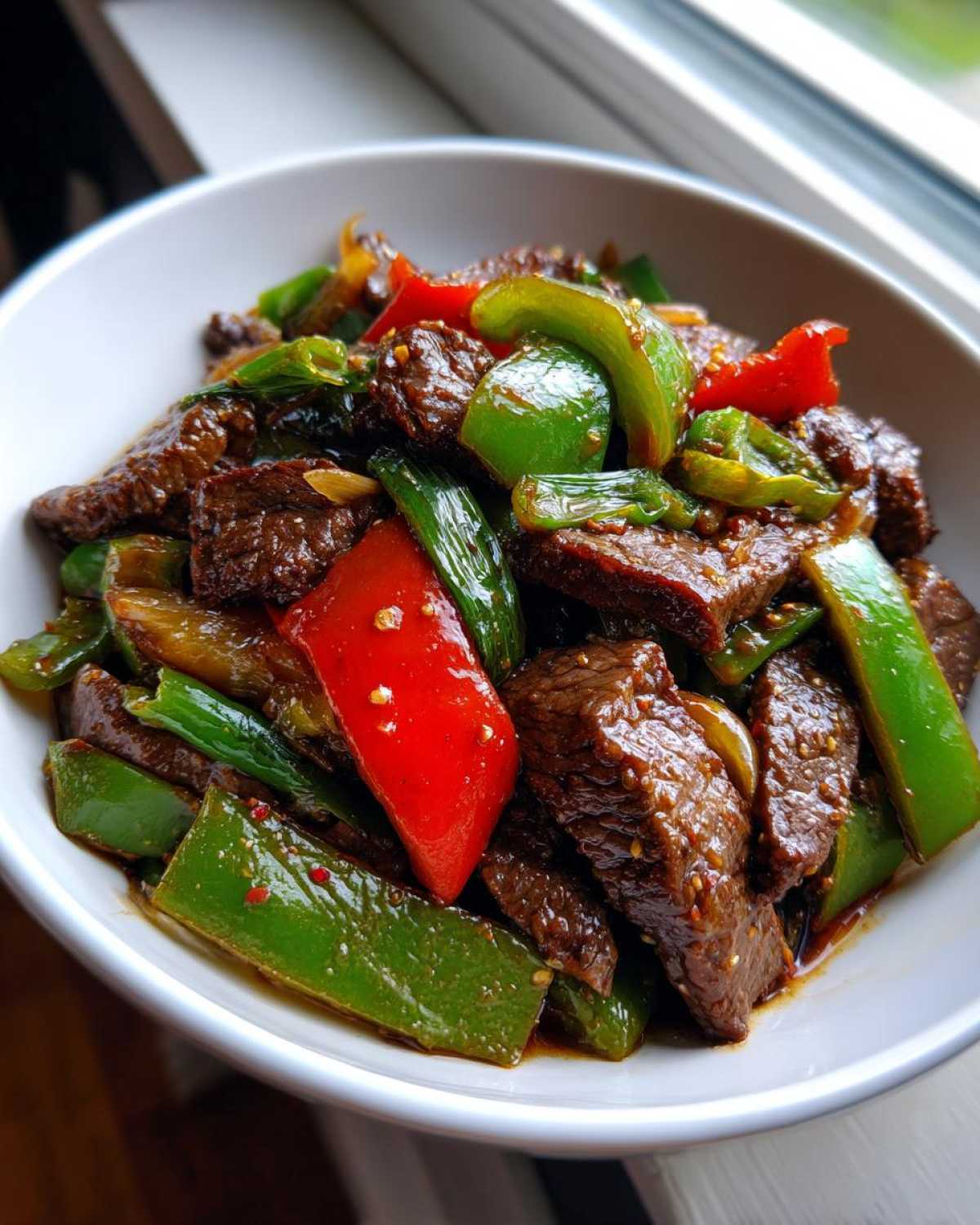 Close-up of tender beef strips and vibrant green and red bell peppers in a savory sauce, showcasing the amazing pepper steak.