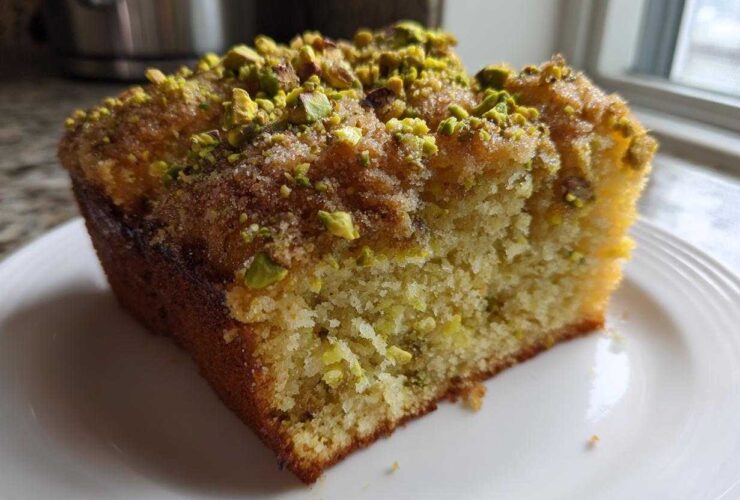 Close-up of a moist slice of pistachio coffee cake topped with chopped pistachios and sugar.
