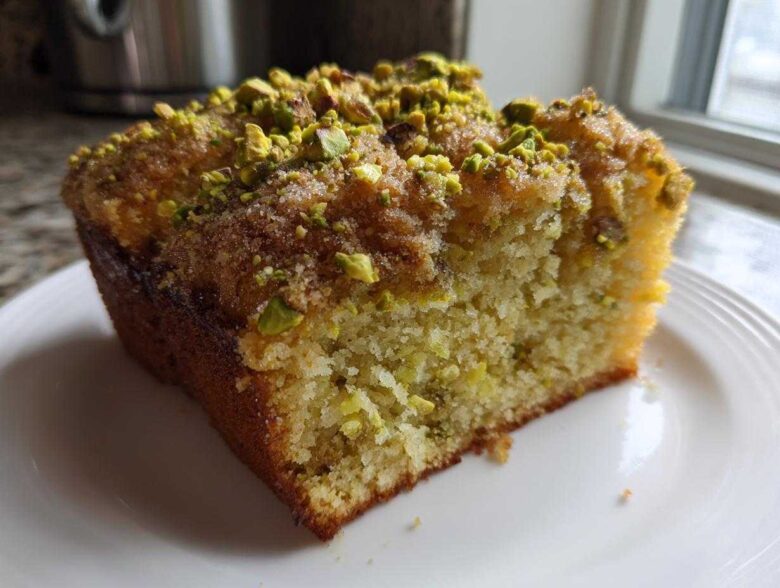 Close-up of a moist slice of pistachio coffee cake topped with chopped pistachios and sugar.