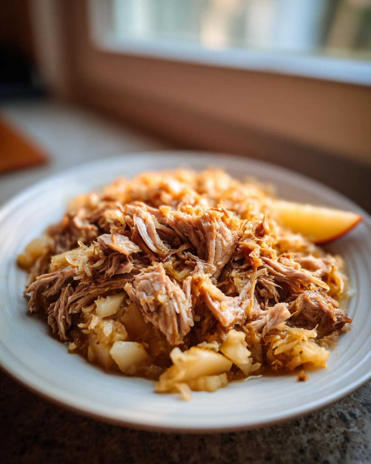 Close-up of tender shredded pork and sauerkraut served on a white plate, ready to eat.
