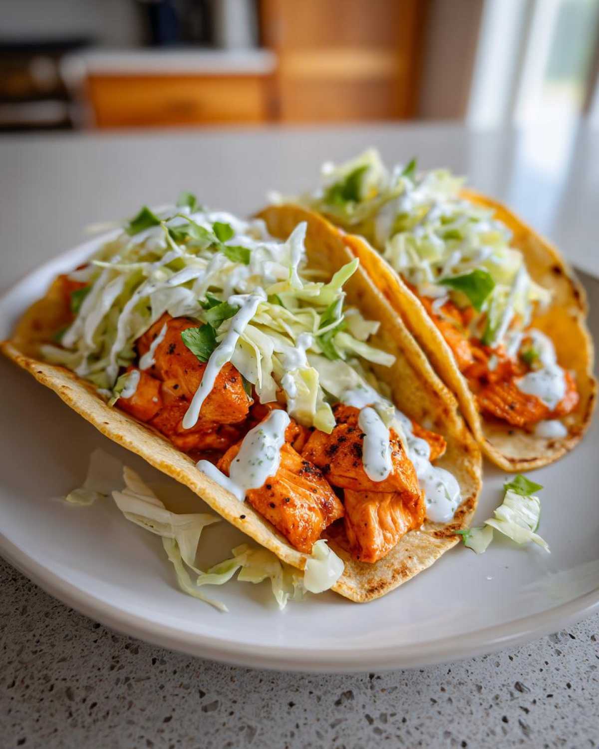 Two delicious salmon tacos filled with seasoned salmon chunks, shredded cabbage, and drizzled with white sauce.
