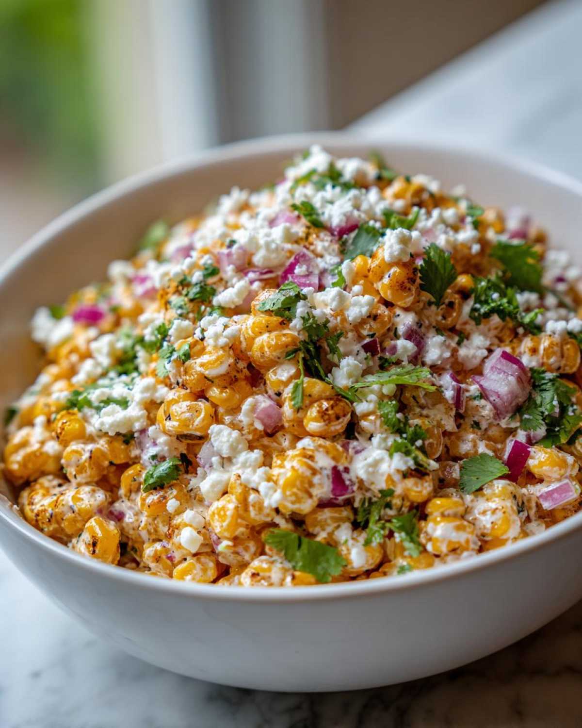 A white bowl filled with creamy, charred street corn salad topped with cotija cheese, red onion, and cilantro.