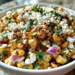 A close-up of a vibrant street corn salad featuring charred corn kernels, crumbled white cheese, red onion, and cilantro in a white bowl.